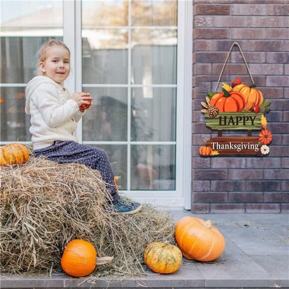 2 Pieces Give Thanks Wood Sign and Happy Thanksgiving Door Sign - Pumpkin Front - Picture 7 of 8